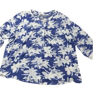 Cathy Daniels 1/4‎ Button Up V-Neck Blue White Floral Shirt Top Women's Plus 2X